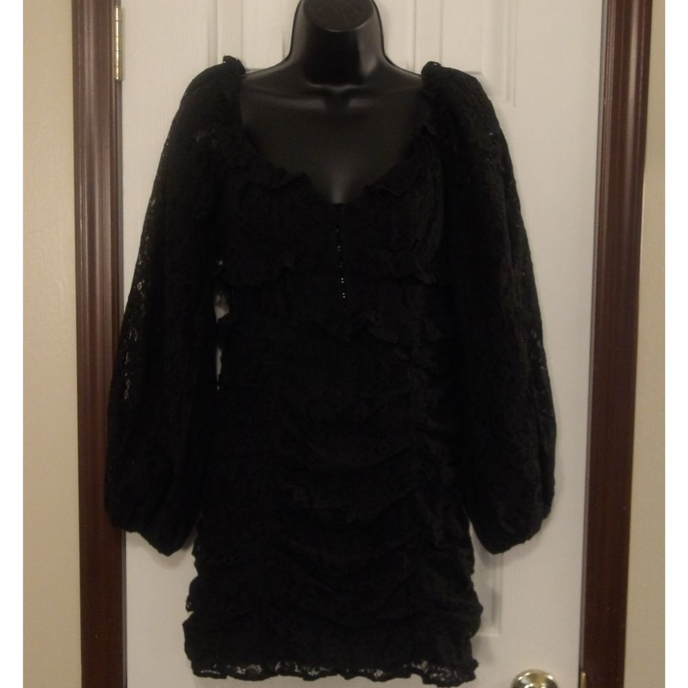 Elegant Black Lace Long Sleeve Mini Dress Cocktail Party Evening Ruched Size S